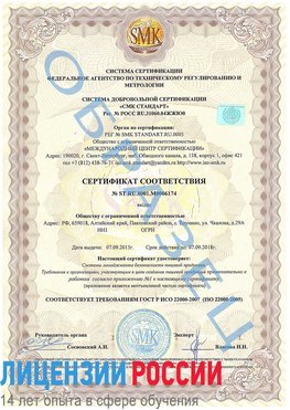 Образец сертификата соответствия Раменское Сертификат ISO 22000